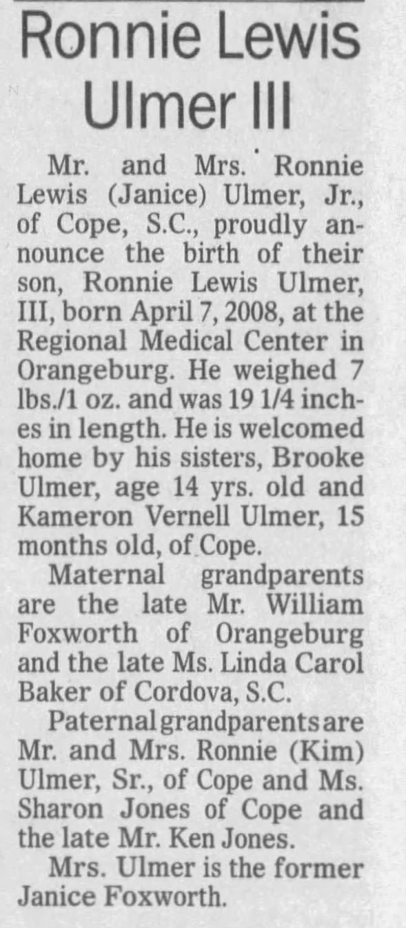 Birth Announcement Ronnie Lewis Ulmer III